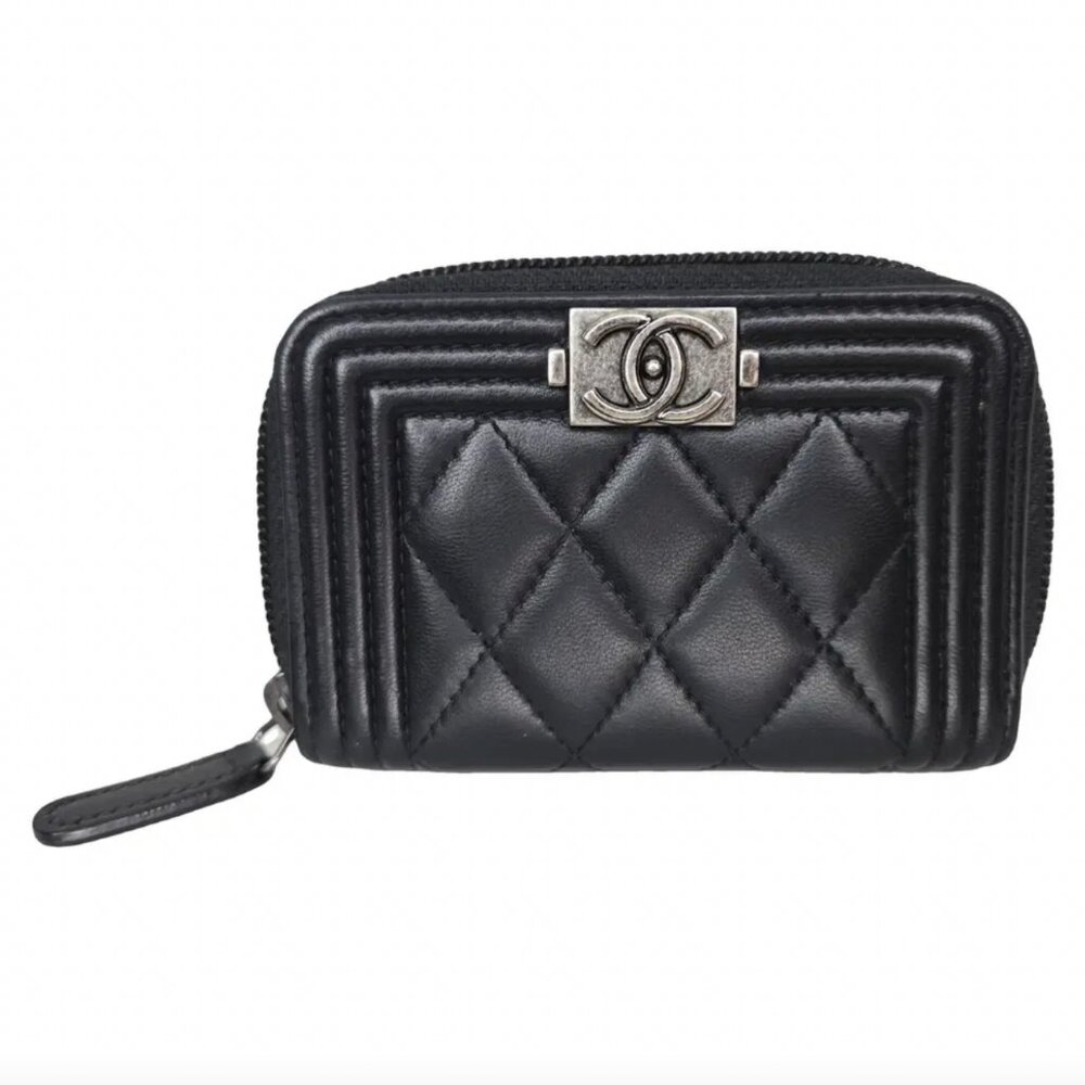 Chanel Boy Zipper Wallet Black Lambskin Leather with Silver Hardware Ful…